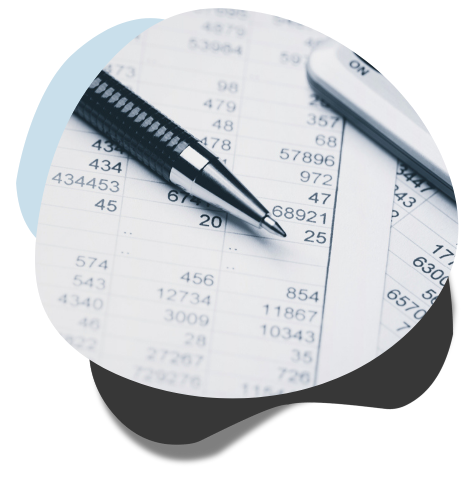 balance sheet, pen and calculator