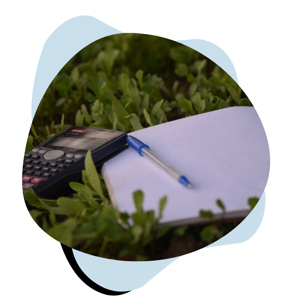 calculator and notebook in long grass
